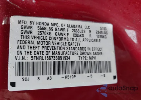 2003 Honda Odyssey из США, поврежденный, VIN 5FNRL.18673B09193